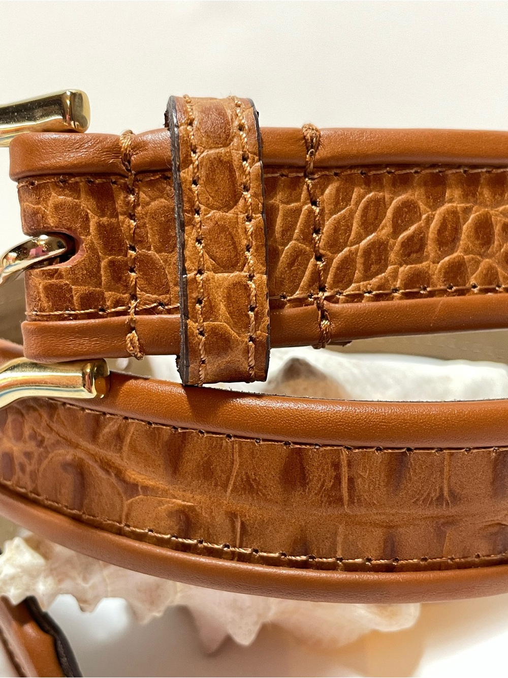 Liz Claibourne Cognac Croc-Embossed Leather Belt with Gold Buckle - Picture 3 of 12